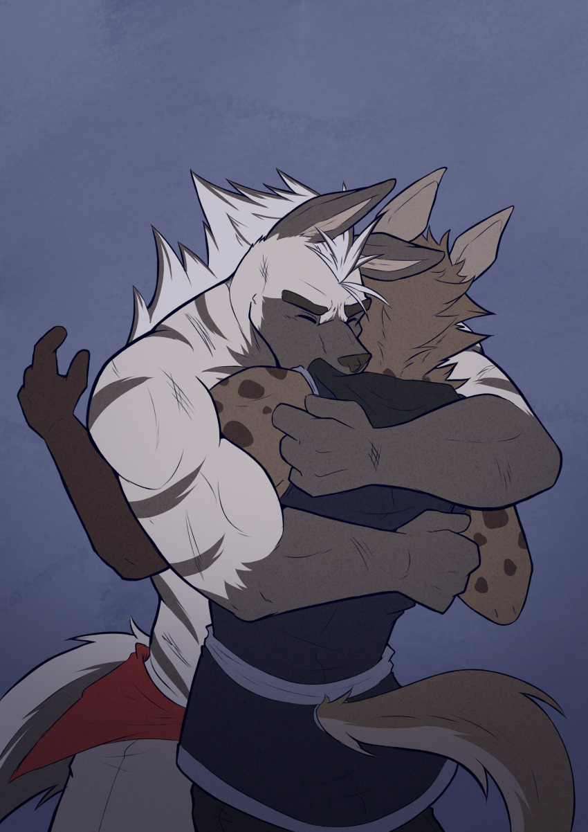 absurd_res anthro clothed clothing duo embrace hamish_(temptations_ballad) hi_res hug hyena male male/male mammal marrow_(temptations_ballad) muscular muscular_male romantic romantic_couple sad shirokoi shirtless shirtless_male simple_background size_difference spotted_hyena striped_body striped_hyena stripes tail temptations_ballad_(visual_novel) visual_novel wholesome