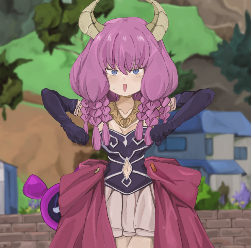 1girl :d absurdres aura_(sousou_no_frieren) aura_bullying_(meme) black_gloves blue_eyes braid breasts brick_wall clenched_hands clothing_cutout commentary_request demon_girl demon_horns elbow_gloves gloves gold_necklace hands_up highres horns house jewelry long_hair looking_at_viewer low-braided_long_hair meme mountain naaga_sonomono navel navel_cutout necklace outdoors parody pink_hair pokemon pokemon_sv scene_reference smile solo sousou_no_frieren spoilers straight-on sweat upper_body