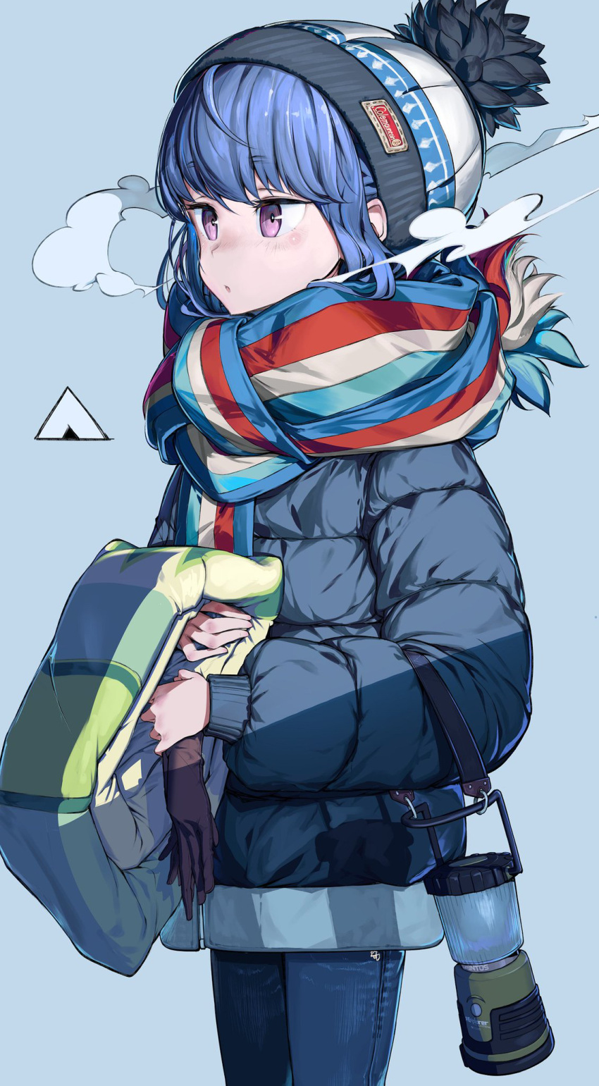 1girl beanie blue_background blue_hair blue_jacket blue_pants breath brown_gloves cowboy_shot denim down_jacket gloves hat highres holding jacket jeans lantern light_blush long_sleeves looking_ahead multicolored_clothes multicolored_scarf panko_(drive_co) pants parted_lips pom_pom_(clothes) pom_pom_beanie purple_eyes scarf shima_rin simple_background solo unworn_gloves white_headwear yurucamp
