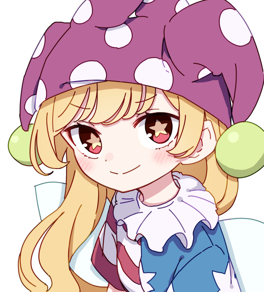 1girl absurdres american_flag_dress blonde_hair blush closed_mouth clownpiece dress fairy fairy_wings hat highres jester_cap kame_(kamepan44231) long_hair looking_at_viewer polka_dot polka_dot_headwear purple_headwear red_eyes short_sleeves simple_background smile solo star-shaped_pupils star_(symbol) star_print striped_clothes striped_dress symbol-shaped_pupils touhou upper_body white_background wings