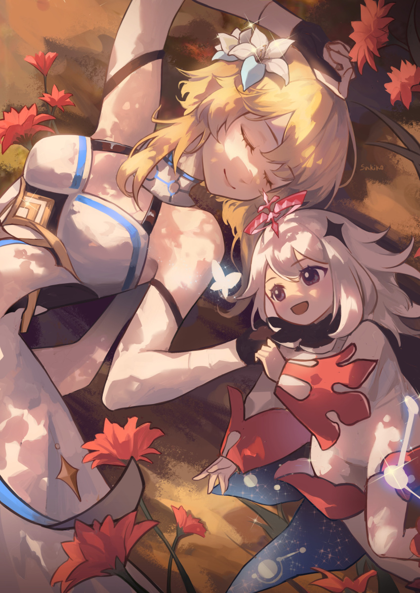 2girls :d absurdres autumn_leaves bare_shoulders blonde_hair blush breasts clover_print constellation_print detached_sleeves dress feather_hair_ornament feathers flower genshin_impact gloves hair_between_eyes hair_flower hair_ornament halo highres holding_hands kano_sakiko lily_(flower) lumine_(genshin_impact) lying medium_breasts multiple_girls on_back paimon_(genshin_impact) partially_fingerless_gloves short_hair_with_long_locks single_thighhigh smile thighhighs white_dress white_flower white_hair