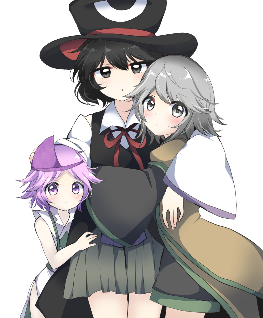 3others :t androgynous ascot black_coat black_eyes black_hair black_headwear black_shirt black_shorts brown_ascot brown_coat closed_mouth coat collared_shirt commentary_request detached_sleeves dress enraku_tsubakura green_hakama green_trim grey_eyes grey_hair hakama hakama_short_skirt hakama_skirt hat highres houlen_yabusame japanese_clothes layered_sleeves len'en long_sleeves multiple_others neck_ribbon other_focus ougi_hina parted_lips pink_eyes pink_hair puffy_short_sleeves puffy_sleeves purple_headwear purple_trim red_ribbon ribbon shion_(len'en) shirt short_hair short_over_long_sleeves short_sleeves shorts simple_background skirt sleeveless sleeveless_coat sleeveless_dress sleeveless_shirt triangular_headpiece two-sided_fabric two-sided_headwear white_background white_dress white_shirt white_sleeves wide_sleeves