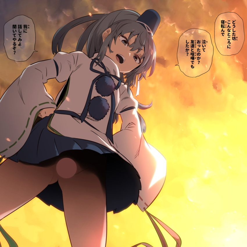 1girl ass_visible_through_thighs blue_skirt censored commentary_request from_below grey_eyes grey_hair hat highres japanese_clothes kariginu long_sleeves mononobe_no_futo open_mouth pom_pom_(clothes) ribbon-trimmed_sleeves ribbon_trim shundou_heishirou skirt solo speech_bubble tate_eboshi teeth touhou translation_request upper_teeth_only wide_sleeves