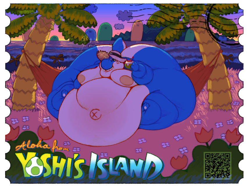 anthro beach belly beverage big_belly big_butt blob_(disambiguation) blue_body blue_yoshi blush blush_lines butt chocopaws2 clothed clothing coconut coconut_drink digital_media_(artwork) drupe_(fruit) english_text eyewear feet food fruit hat headgear headwear hi_res huge_butt humanoid_hands hyper hyper_belly hyper_butt immobile male mario_bros morbidly_obese navel nintendo nipples obese obese_anthro outside overweight overweight_anthro overweight_male palm_tree plant postcard qr_code seaside sky smile solo straw_hat sunglasses sunset tail text tree tropical water yoshi yoshi's_island yoshi_(character)