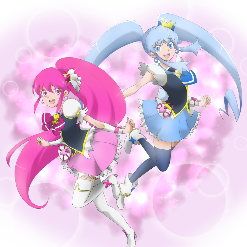 aino_megumi blue_eyes blue_hair blue_legwear blue_skirt boots bow cure_lovely cure_princess earrings eyelashes hair_ornament happinesscharge_precure! happy heart highres jewelry long_hair looking_at_viewer magical_girl multiple_girls open_mouth pink_bow pink_eyes pink_hair pink_skirt ponytail precure puffy_sleeves ribbon shirayuki_hime shirt skirt thigh_boots thighhighs thighs tsukikage_oyama twintails white_legwear wide_ponytail wrist_cuffs zettai_ryouiki
