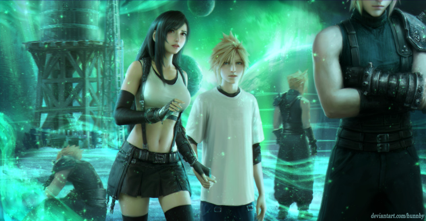 1girl 3d 4boys absurdres aged_down armor bare_shoulders black_gloves black_hair black_skirt black_sports_bra black_thighhighs blonde_hair blue_eyes bracelet breasts child cloud_strife commentary cowboy_shot crop_top crossed_arms deviantart_username elbow_gloves english_commentary final_fantasy final_fantasy_vii final_fantasy_vii_remake fingerless_gloves gloves highres holding_hands honeybunny-art jewelry large_breasts light_particles long_hair midriff multiple_boys multiple_persona navel parted_lips red_eyes ribbed_sweater shirt short_hair shoulder_armor single_bare_shoulder single_sidelock skirt spiked_hair sports_bra squatting standing suspender_skirt suspenders sweater swept_bangs t-shirt tank_top thighhighs tifa_lockhart water_tank water_tower white_shirt white_tank_top zettai_ryouiki