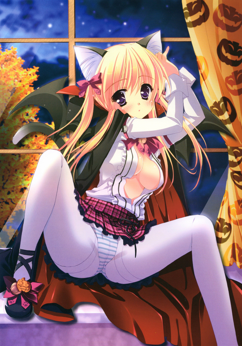 absurdres animal_ears blonde_hair blue_eyes blush bow breasts cat_ears cleavage crotch_seam halloween highres hinamatsuri_touko jack-o'-lantern_ornament jack-o'-lantern_print long_hair medium_breasts no_bra open_clothes open_shirt original panties panties_under_pantyhose pantyhose ribbon shirt skirt skirt_lift solo spread_legs striped striped_panties tail thighband_pantyhose twintails underwear white_legwear wings