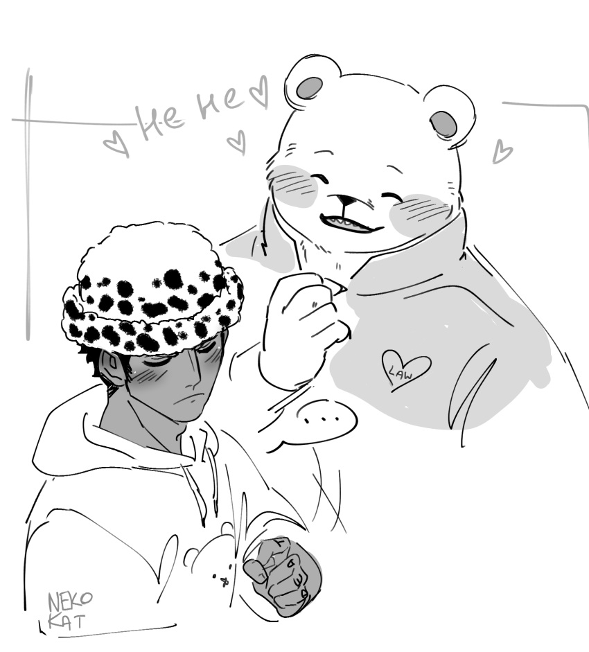 &lt;3 2024 anthro bear bepo_(one_piece) biped blush clothing eyes_closed hat headgear headwear hi_res hoodie human humanoid_hands male mammal minkmen_(one_piece) nekokat42 one_piece polar_bear text topwear trafalgar_law ursine