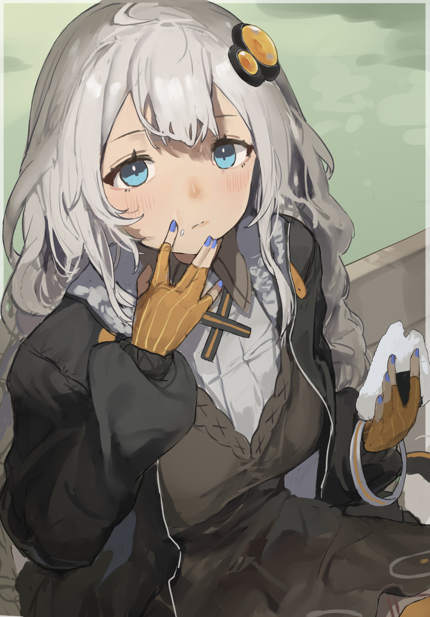 1girl black_jacket blue_eyes braid breasts brown_dress closed_mouth cross_tie double-parted_bangs dress food food_on_face gloves grey_hair hair_between_eyes highres holding holding_food jacket kizuna_akari long_hair looking_at_viewer nail_polish onigiri orange_gloves orange_pantyhose pantyhose pocche-ex purple_nails shirt solo striped_clothes striped_gloves twin_braids vertical-striped_clothes vertical-striped_gloves voiceroid white_shirt
