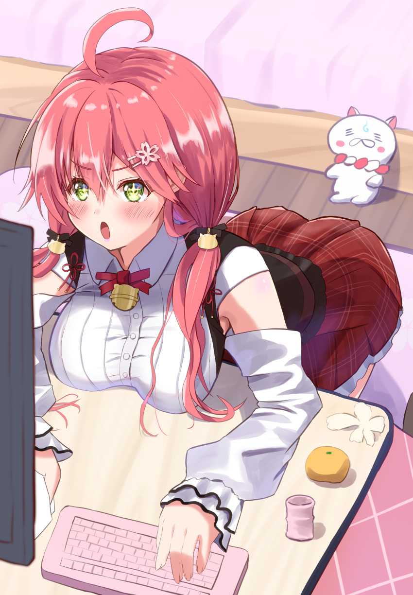 1girl 35p_(sakura_miko) absurdres ahoge blush breast_rest breasts breasts_on_table collared_shirt detached_sleeves fugi_(nyanpasu_axela) green_eyes highres hololive keyboard_(computer) large_breasts long_hair low_twintails monitor official_alternate_costume open_mouth pink_hair red_skirt sakura_miko sakura_miko_(casual) shirt skirt twintails virtual_youtuber white_shirt white_sleeves