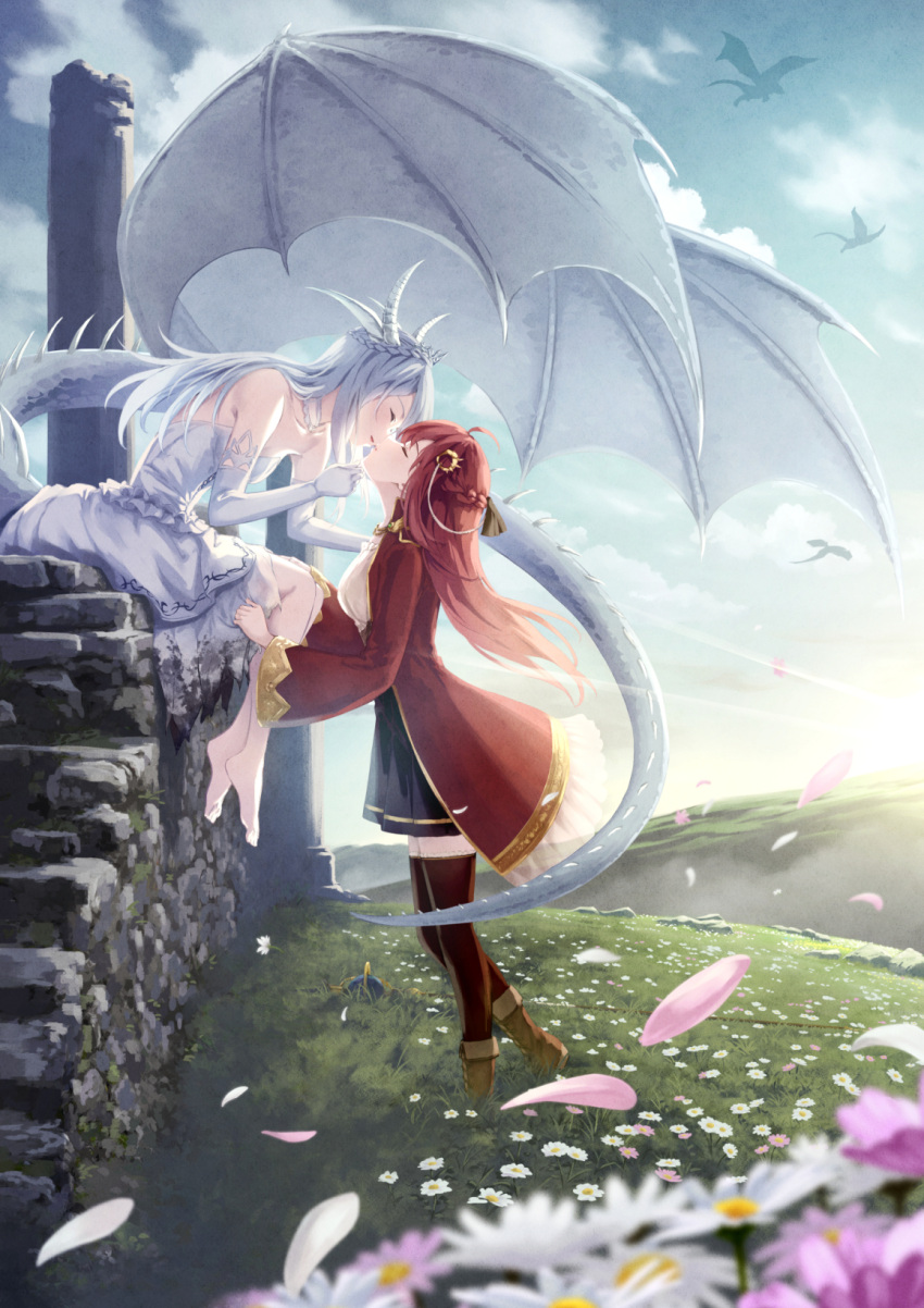 2girls bare_legs barefoot black_skirt black_thighhighs blurry blurry_foreground boots breasts cape chinese_zodiac closed_eyes cloud daisy day dragon dragon_girl dragon_horns dragon_tail dragon_wings dress falling_petals field flower flower_field grabbing_another's_chin grass grey_dress grey_hair hand_on_another's_chin highres hill horns imminent_kiss long_hair multiple_girls nuenue original outdoors petals pillar purple_flower red_cape red_hair sitting skirt sky staff stone_wall sun sunlight tail thighhighs white_flower wings year_of_the_dragon yuri