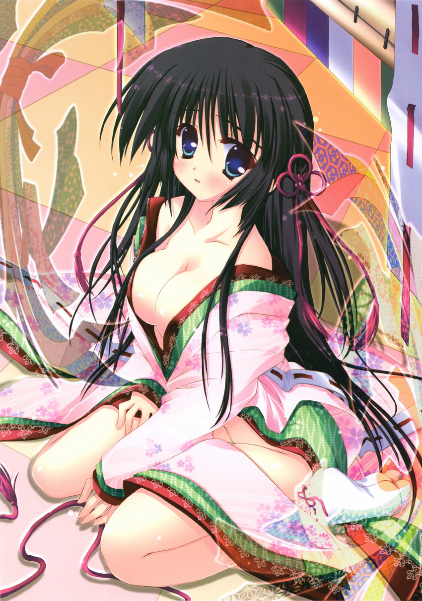 absurdres black_hair blue_eyes blush breasts cleavage collarbone highres hinamatsuri_touko japanese_clothes kimono large_breasts long_hair no_bra no_panties open_clothes open_kimono original sitting solo tabi wariza