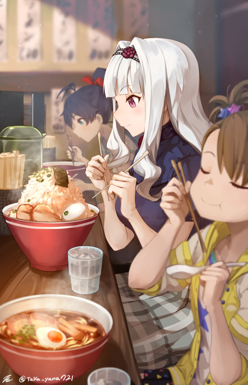 3girls antenna_hair asymmetrical_bangs black_hair blunt_bangs blurry blurry_background brown_hair chinese_spoon chopsticks eating food futami_ami ganaha_hibiki grey_hair hair_intakes highres holding holding_chopsticks idolmaster idolmaster_million_live! looking_at_food multiple_girls noodles ramen restaurant shijou_takane sidelocks sitting steam taka.yana twitter_username