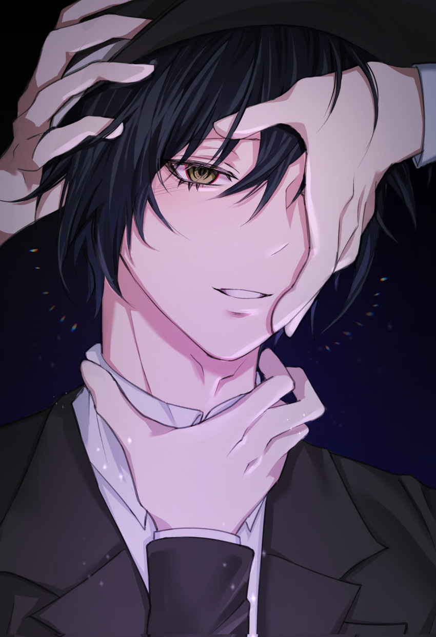 1boy black_hair black_headwear black_jacket brown_eyes collared_shirt danganronpa_(series) danganronpa_v3:_killing_harmony danjong_8 grey_shirt grin hair_between_eyes hand_on_another's_face highres jacket long_sleeves male_focus official_alternate_costume portrait purple_background saihara_shuichi shirt short_hair smile solo_focus teeth