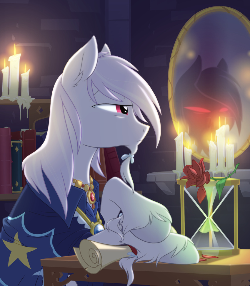 book book_shelf bookshelf candle cloak clothing equestria-prevails equine flower friendship_is_magic fur gold hair hooves horse male mammal mirror my_little_pony necklace pony purple_eyes red_eyes reflection rose rose_petal rose_petals scroll starswirl_the_bearded_(mlp) white_hair