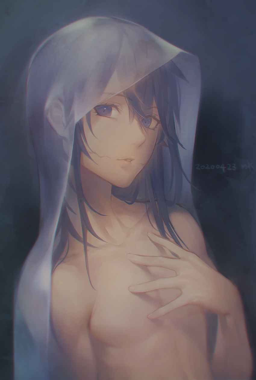 1boy androgynous blue_eyes blue_hair collarbone completely_nude dated facial_mark grey_background hair_over_one_eye hand_up highres kiyonagi kusanagi_(kiyonagi) looking_at_viewer male_focus nude original parted_lips see-through solo toned toned_male upper_body veil