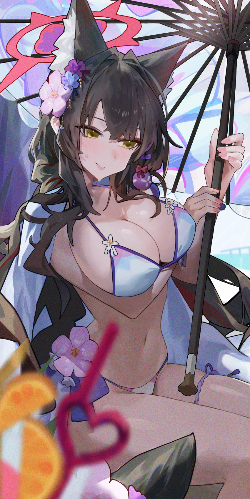 1girl absurdres animal_ear_fluff animal_ears bikini black_hair blue_archive blue_bikini blush breasts cleavage closed_mouth flower fox_ears fox_tail hair_flower hair_ornament halo highres holding holding_umbrella large_breasts long_hair official_alternate_costume parasol pink_flower purple_flower red_halo renn_01 revision smile solo swimsuit tail umbrella wakamo_(blue_archive) wakamo_(swimsuit)_(blue_archive) yellow_eyes