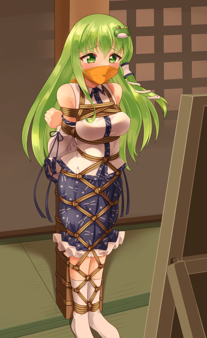 1girl arms_behind_back bare_shoulders bdsm blush bondage bound breasts cloth_gag detached_sleeves frog_hair_ornament gag gagged green_eyes green_hair hair_ornament hair_tubes highres improvised_gag indoors kneehighs kochiya_sanae lace-trimmed_skirt lace_trim large_breasts long_hair mukanata over_the_nose_gag restrained ribbon shibari shirt skirt sleeveless snake_hair_ornament socks solo stuffed_animal stuffed_toy touhou white_shirt white_socks