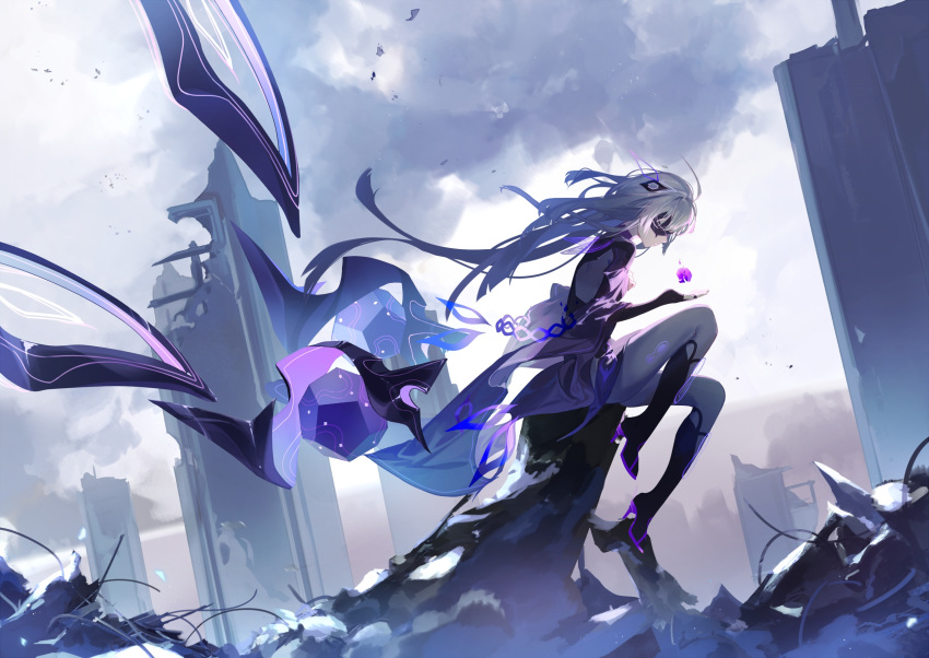 1girl ahoge boots cape closed_mouth cloud elbow_gloves fingerless_gloves gloves grey_hair high_heel_boots high_heels highres light_particles long_hair loud magic mask minus_(synthesizer_v) outdoors profile purple_cape purple_shirt purple_theme ruins shirt solo synthesizer_v wind zirancike