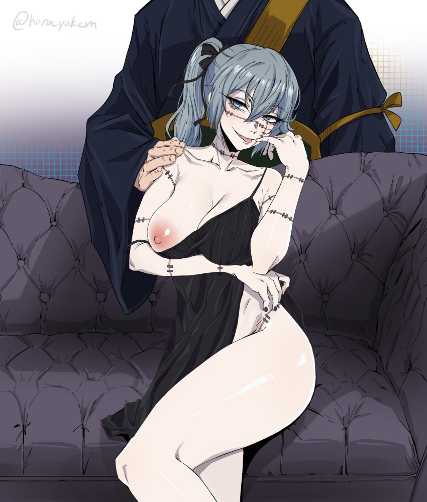 1boy 1girl arm_under_breasts arm_up black_dress blue_eyes breasts couch dress finger_to_mouth genderswap genderswap_(mtf) getou_suguru_(kenjaku) grey_eyes grey_hair hand_on_another's_shoulder harayukem heterochromia highres jujutsu_kaisen kesa large_breasts mahito_(jujutsu_kaisen) no_panties on_couch one_breast_out robe side_slit signature sitting stitched_arm stitched_face stitches tongue tongue_out