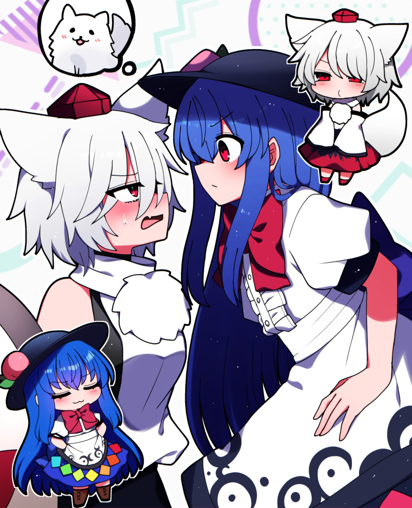 2girls absurdres animal_ears black_headwear black_skirt blue_hair blue_skirt blush boots bow bowtie brown_footwear buttons center_frills closed_eyes closed_mouth collared_shirt fang frills grey_hair hair_between_eyes hat highres hinanawi_tenshi inubashiri_momiji japanese_clothes long_hair multiple_girls multiple_views open_mouth pom_pom_(clothes) puffy_short_sleeves puffy_sleeves rainbow_order red_bow red_bowtie red_footwear red_hair red_headwear red_skirt shirt shoes short_hair short_sleeves skin_fang skirt tokin_hat touhou white_shirt wolf_ears you_(noanoamoemoe)