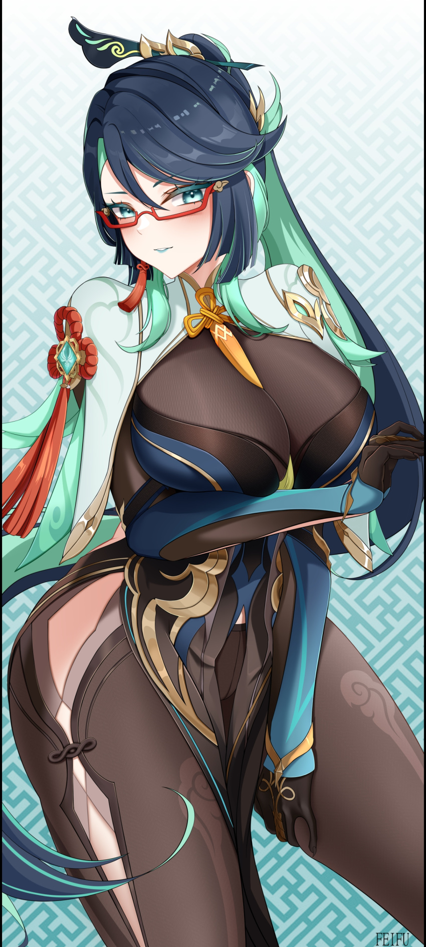 1girl absurdres aqua_eyes aqua_hair blue_hair bodystocking breasts capelet colored_inner_hair commentary_request cowboy_shot feifu genshin_impact glasses highres large_breasts long_hair looking_at_viewer multicolored_hair parted_lips red-framed_eyewear solo thighs very_long_hair xianyun_(genshin_impact)