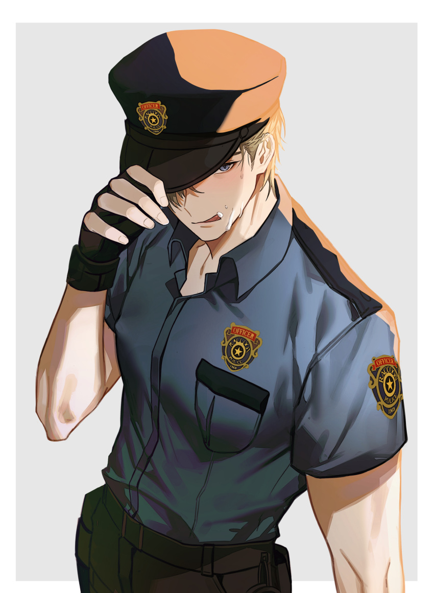 1boy absurdres blonde_hair blue_eyes blush border fingerless_gloves gloves grey_background hat highres jujeop leon_s._kennedy licking_lips looking_at_viewer male_focus muscular muscular_male police police_hat police_uniform resident_evil resident_evil_2 resident_evil_2_(remake) short_hair smile solo suggestive_fluid tongue tongue_out uniform upper_body white_border