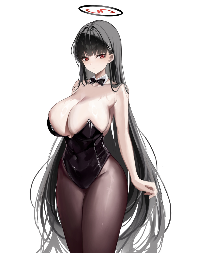 1girl absurdres alternate_costume bare_arms black_hair black_halo black_leotard blue_archive blunt_bangs breasts cleavage closed_mouth collarbone covered_navel cowboy_shot detached_collar hair_between_eyes halo highres large_breasts leotard long_hair looking_at_viewer playboy_bunny red_eyes rio_(blue_archive) sideboob sidelocks simple_background sleeveless solo standing strapless strapless_leotard thighs very_long_hair white_background ya_ta