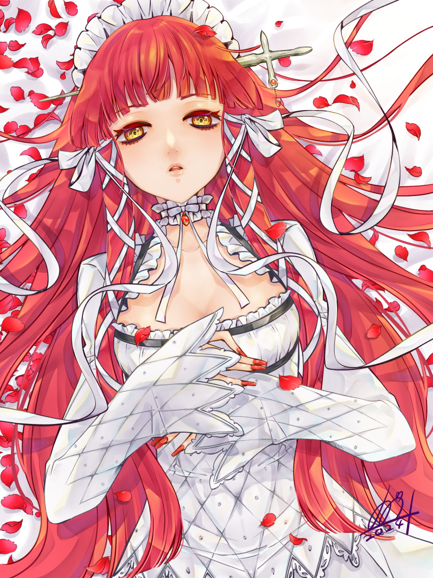 1girl breasts cleavage covered_navel dress fingernails frilled_hairband frills hair_ribbon hairband highres lolita_fashion long_fingernails long_hair looking_at_viewer parted_lips persona persona_3 petals qoo1234 red_hair red_nails ribbon sidelocks signature solo teeth upper_body upper_teeth_only white_dress yellow_eyes yoshino_chidori