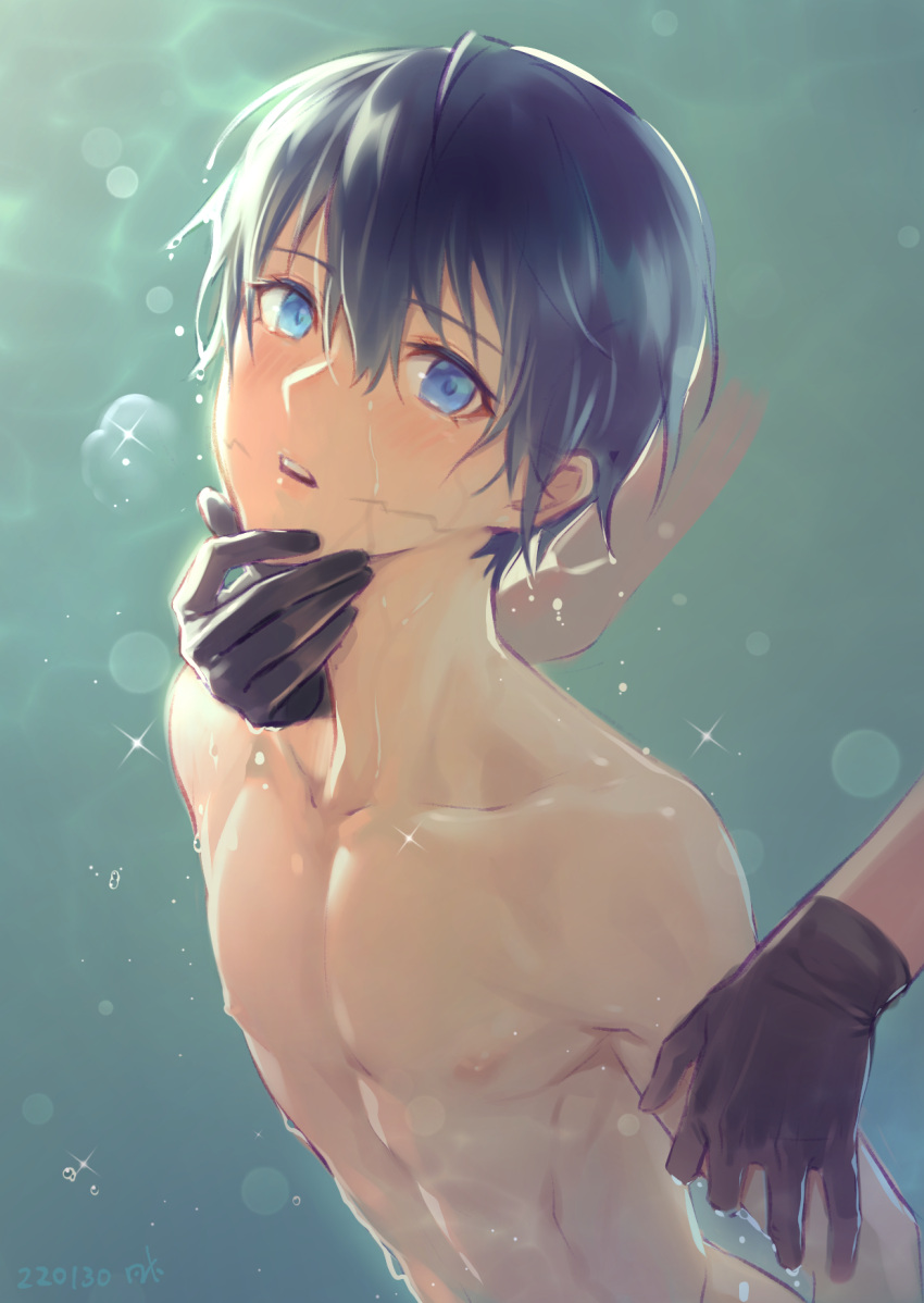 1boy black_gloves blue_eyes blue_hair blush collarbone completely_nude dated disembodied_limb facial_mark gloves green_background hair_between_eyes hand_on_another's_arm hand_on_another's_chin highres implied_sex kiyonagi kusanagi_(kiyonagi) looking_at_viewer male_focus nipples nude original out_of_frame parted_lips short_hair solo_focus sparkle sweat upper_body wet wet_hair
