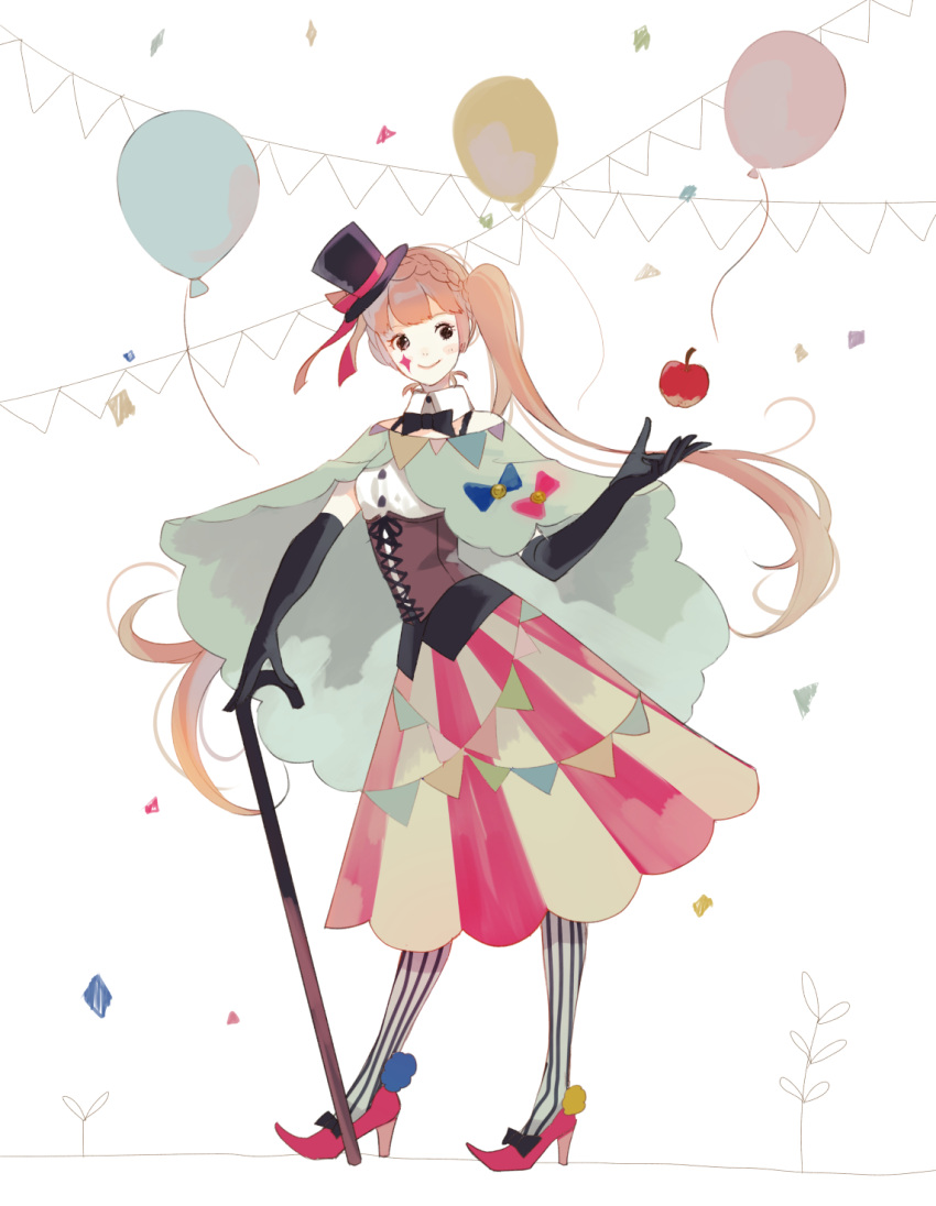 1girl apple balloon black_bow black_bowtie black_corset black_eyes black_gloves blue_bow bow bowtie braid cane cape circus collar comiket_84 confetti corset crown_braid elbow_gloves food fruit gloves hand_up hat hat_ribbon high_heels highres holding holding_cane light_brown_hair long_hair makeup mini_hat mini_top_hat original pantyhose pom_pom_(clothes) red_bow red_footwear red_ribbon red_skirt ribbon side_ponytail skirt smile solo standing streamers striped_clothes striped_pantyhose top_hat two-tone_skirt vient white_background white_collar yellow_skirt