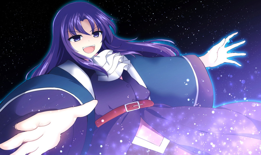 1other androgynous ascot belt blue_capelet capelet clause_(len'en) coat commentary english_commentary highres len'en long_hair long_sleeves open_mouth other_focus ougi_hina parted_bangs pink_shirt purple_coat purple_eyes purple_hair red_belt shirt smile solo teeth upper_teeth_only v-shaped_eyebrows white_ascot white_trim
