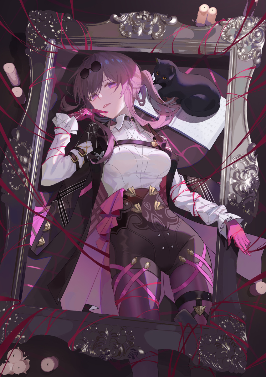 1girl arm_belt black_cat book breasts brown_jacket butterfly_ornament candle cat chest_harness collared_shirt empty_picture_frame eyewear_on_head foot_out_of_frame from_above gloves hand_up harness high-waist_shorts highres honkai:_star_rail honkai_(series) jacket kafka_(honkai:_star_rail) large_breasts lying medium_hair on_back on_ground open_book pantyhose pantyhose_under_shorts parted_lips picture_frame pince-nez ponytail purple_eyes purple_gloves purple_hair purple_pantyhose qianchenyu77 ribbon round_eyewear shirt shorts sidelocks solo spider_web_print spotlight white_shirt