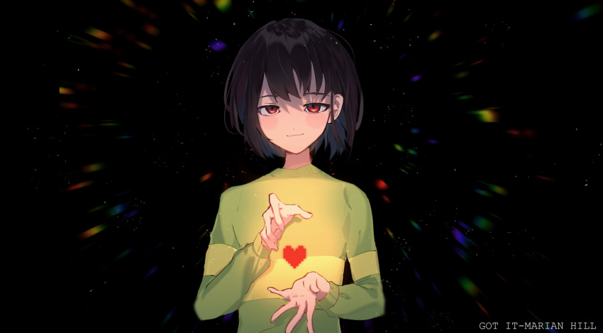 1other black_background blue_hair blush brown_hair chara_(undertale) closed_mouth colored_inner_hair green_sweater hands_up heart highres hrdrifter long_sleeves looking_at_viewer multicolored_hair puffy_long_sleeves puffy_sleeves red_eyes short_hair simple_background single_stripe smile solo standing striped_clothes striped_sweater sweater undertale