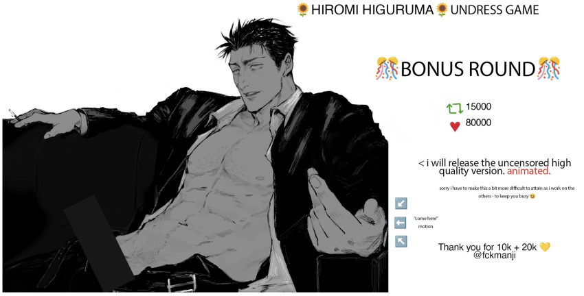 1boy abs bar_censor bara big_nose censored chest_hair cigarette come_hither emoji english_commentary english_text fckmanji formal greyscale groin heart_emoji highres higuruma_hiromi holding holding_cigarette jacket jujutsu_kaisen lying male_focus mature_male meme monochrome muscular muscular_male navel necktie open_clothes open_fly open_jacket open_pants open_shirt pants parted_lips pubic_hair pubic_hair_peek sitting sketch twitter_strip_game_(meme) twitter_username undone_necktie