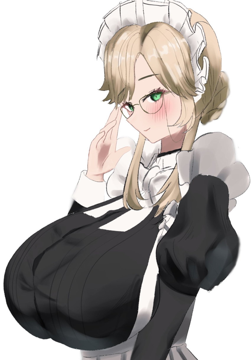 1girl ade_(nikke) adjusting_eyewear apron black_dress blonde_hair blush bow bowtie braid breasts closed_mouth dress from_side glasses goddess_of_victory:_nikke green_eyes highres huge_breasts juliet_sleeves long_hair long_sleeves looking_at_viewer maid maid_headdress metoranran puffy_sleeves sidelocks smile solo upper_body white_apron white_bow white_bowtie