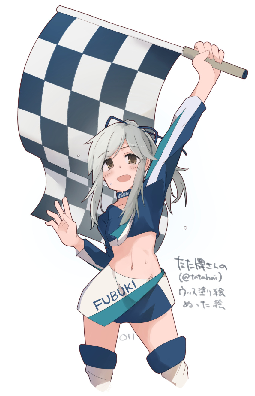 1girl absurdres arm_up blue_ribbon blush boots brown_eyes choker clothes_writing cropped_jacket cropped_legs flag grey_hair hair_ribbon highres holding holding_flag jacket kantai_collection long_hair long_sleeves looking_at_viewer ma_rukan midriff open_mouth race_queen ribbon simple_background skirt solo sweat thigh_boots usugumo_(kancolle) white_background