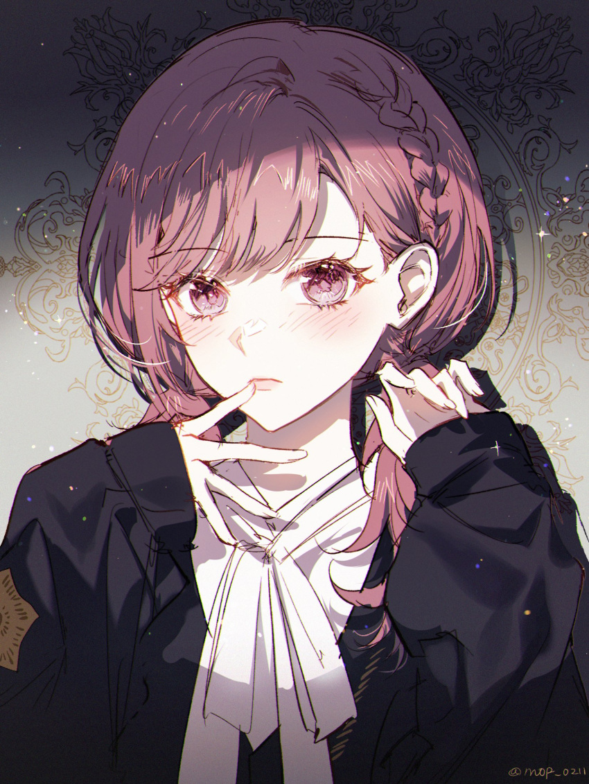 1girl artist_name ascot black_jacket blush braid brown_eyes brown_hair commentary finger_to_mouth floral_background highres jacket light_particles lips looking_at_viewer mop_0211 official_alternate_costume official_alternate_hairstyle project_sekai shinonome_ena shirt short_twintails sleeves_past_wrists solo sparkle swept_bangs twintails upper_body white_ascot white_shirt zozotown