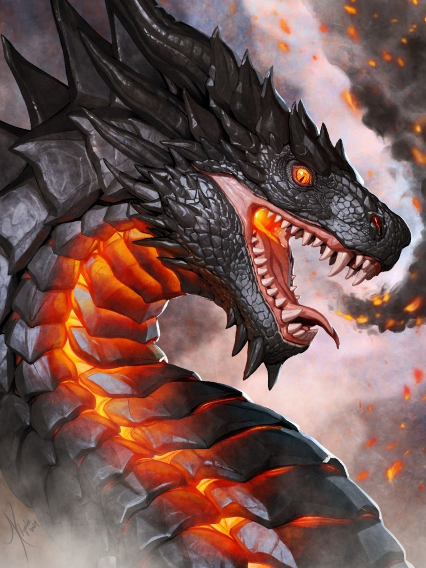 2024 ambiguous_gender belly_scales dated detailed dragon feral forked_tongue glistening glistening_eyes grey_body grey_scales hi_res horn khyaber open_mouth orange_eyes orange_sclera pink_tongue pupils scales scalie sharp_teeth signature slit_pupils smoke solo teeth tongue