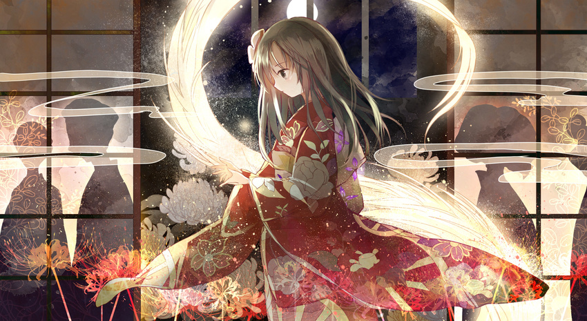 :d blush brown_eyes brown_hair cloud flower from_side full_moon hair_flower hair_ornament highres indoors japanese_clothes kazu_(muchuukai) kimono light_smile long_hair long_sleeves moon night night_sky obi open_mouth parted_lips plant profile sash see-through sitting sky sliding_doors smile solo_focus tareme wide_sleeves