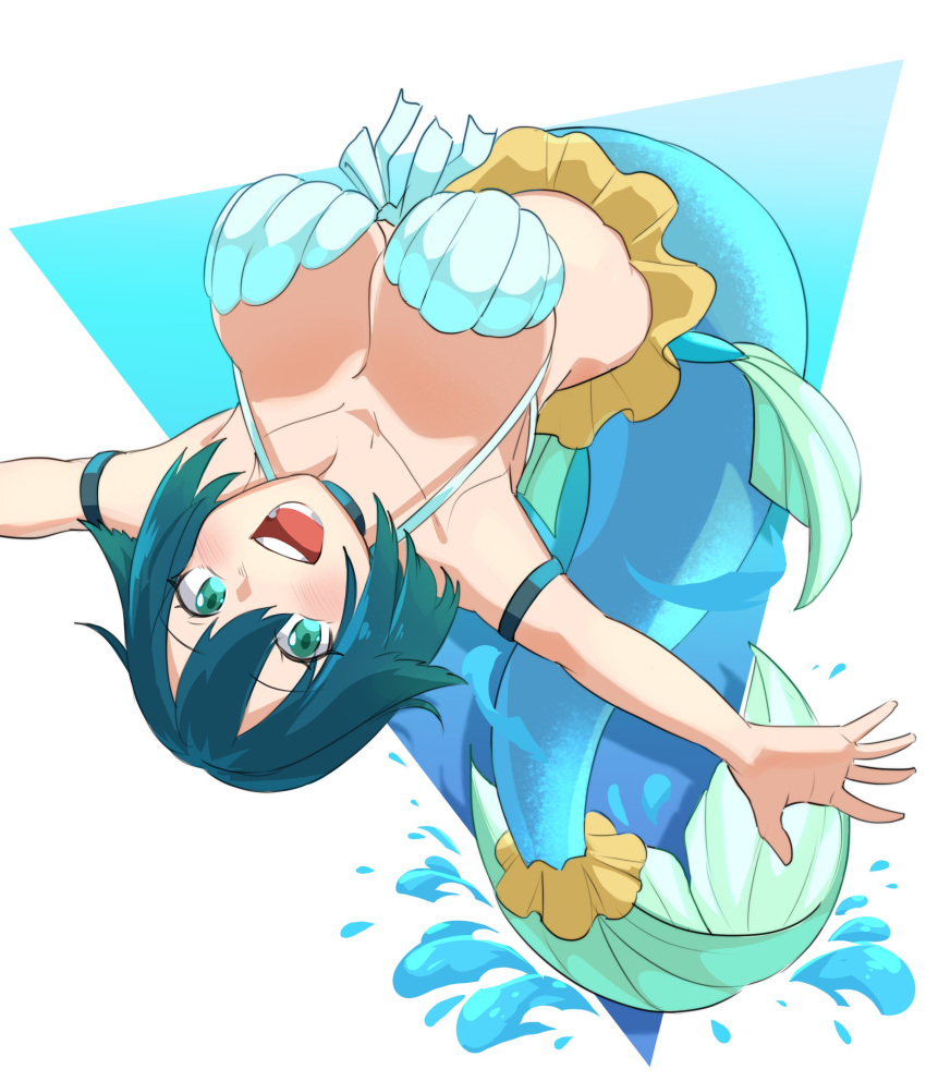 1girl absurdres amidatto armband blue_hair breasts choker cleavage fins fukami_nana green_eyes hair_flaps highres kneeless_mermaid large_breasts looking_at_viewer mermaid monster_girl open_mouth original ribbon shell shell_bikini simple_background solo splashing teeth upside-down white_ribbon