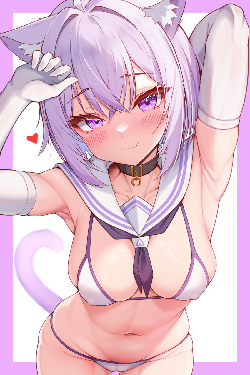 1girl absurdres ahoge amaki_daisuke animal_ear_fluff animal_ears armpits bikini black_collar blush breasts cat_ears cat_girl cat_tail cleavage closed_mouth collar collarbone crossed_bangs elbow_gloves fang gloves hair_between_eyes highres hololive large_breasts looking_at_viewer navel nekomata_okayu purple_eyes purple_hair short_hair skin_fang smile solo swimsuit tail thighs virtual_youtuber white_bikini white_gloves