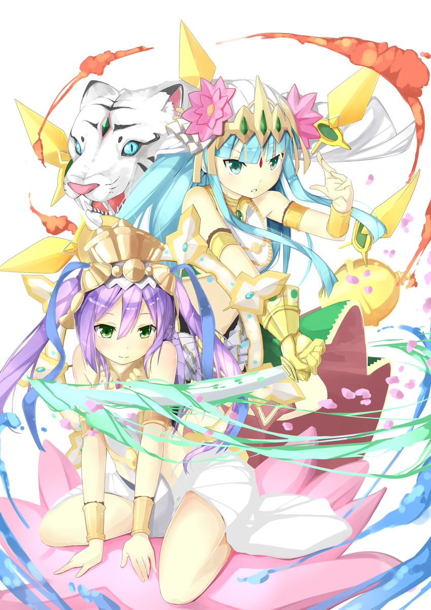 absurdres aqua_eyes aqua_hair byte_(allbyte) flower green_eyes headdress highres lakshmi_(p&amp;d) long_hair lotus lotus_pedestal multiple_girls parvati_(p&amp;d) purple_hair puzzle_&amp;_dragons sidelocks smile sword tiger twintails weapon white_tiger