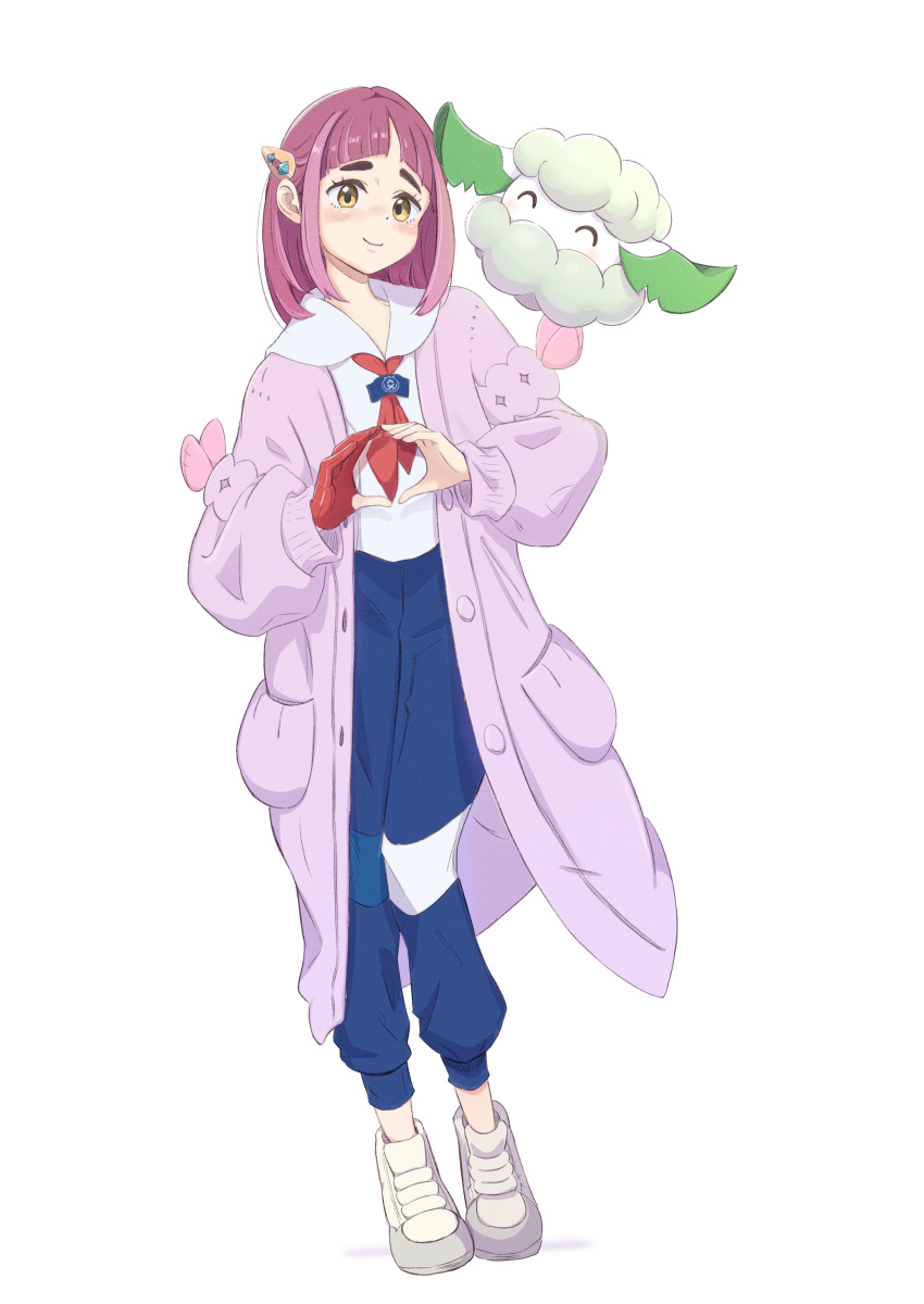 1girl absurdres arched_bangs blue_pants blush buttons closed_mouth coat collared_shirt commentary_request cottonee daru_(851daru) eyelashes gloves heart heart_hands highres lacey_(pokemon) open_clothes open_coat pants partially_fingerless_gloves pokemon pokemon_(creature) pokemon_sv purple_hair shirt shoes single_glove smile standing white_background white_footwear white_shirt yellow_eyes