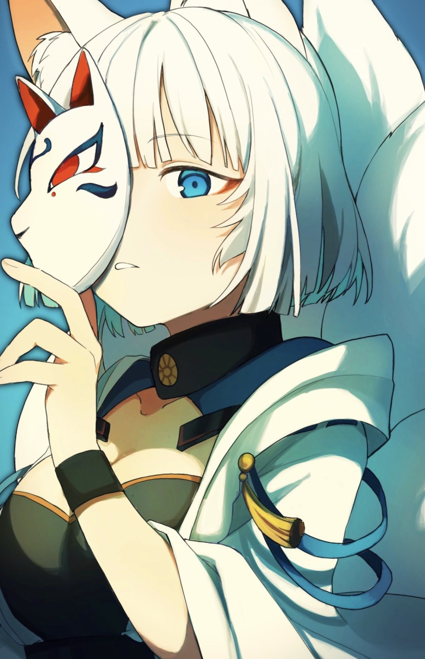 1girl animal_ear_fluff animal_ears azur_lane belt between_fingers black_belt black_shirt blue_background blue_eyes blue_hair breasts collarbone colored_inner_hair eyeshadow fingernails fox_ears fox_girl fox_mask fox_tail hand_up haori highres holding holding_mask japanese_clothes kaga_(azur_lane) kitsune large_breasts long_sleeves looking_at_viewer makeup mask multicolored_hair multiple_tails open_clothes red_eyeshadow shirt short_hair simple_background solo standing sweetpotatojelly tail tassel teeth white_hair white_mask wide_sleeves wristband