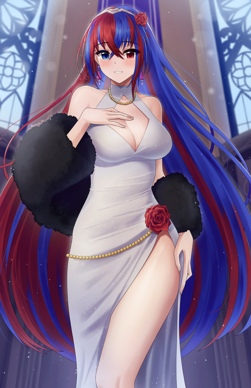 1girl alear_(fire_emblem) bead_necklace beads blue_eyes blue_hair breasts cleavage cleavage_cutout clothing_cutout crossed_bangs doiparuni dress dress_flower earrings fire_emblem fire_emblem_engage flower fur_shawl hair_flower hair_ornament hand_on_own_chest heterochromia highres jewelry long_hair looking_at_viewer multicolored_hair necklace red_eyes red_hair shawl side_slit smile solo split-color_hair tiara two-tone_hair very_long_hair