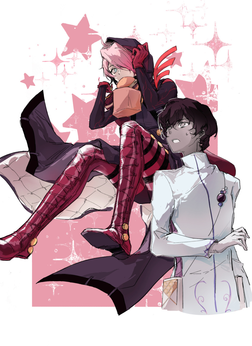 2boys absurdres arjuna_(fate) black_hair boots brothers brown_eyes burger dark-skinned_male dark_skin fate/grand_order fate_(series) food food_in_mouth full_body gloves hair_between_eyes hair_over_one_eye highres hood hood_up karna_(fate) karna_(santa)_(fate) long_coat looking_at_another looking_up los-angela male_focus midair multiple_boys pink_hair red_gloves short_hair siblings simple_background sketch star_(symbol) sweatdrop thigh_boots upper_body white_gloves white_hair