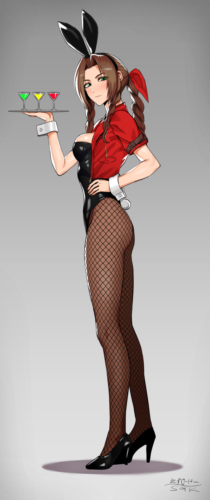 1girl absurdres aerith_gainsborough alternate_costume animal_ears ass black_leotard bow braid braided_ponytail breasts brown_hair cleavage cocktail_glass cropped_jacket cup drill_hair drinking_glass fake_animal_ears fake_tail final_fantasy final_fantasy_vii final_fantasy_vii_remake fishnet_pantyhose fishnets from_side green_eyes grey_background hair_bow high_heels highres jacket leotard looking_at_viewer pantyhose playboy_bunny rabbit_ears rabbit_tail red_jacket sgk solo standing tail tray twin_drills wrist_cuffs