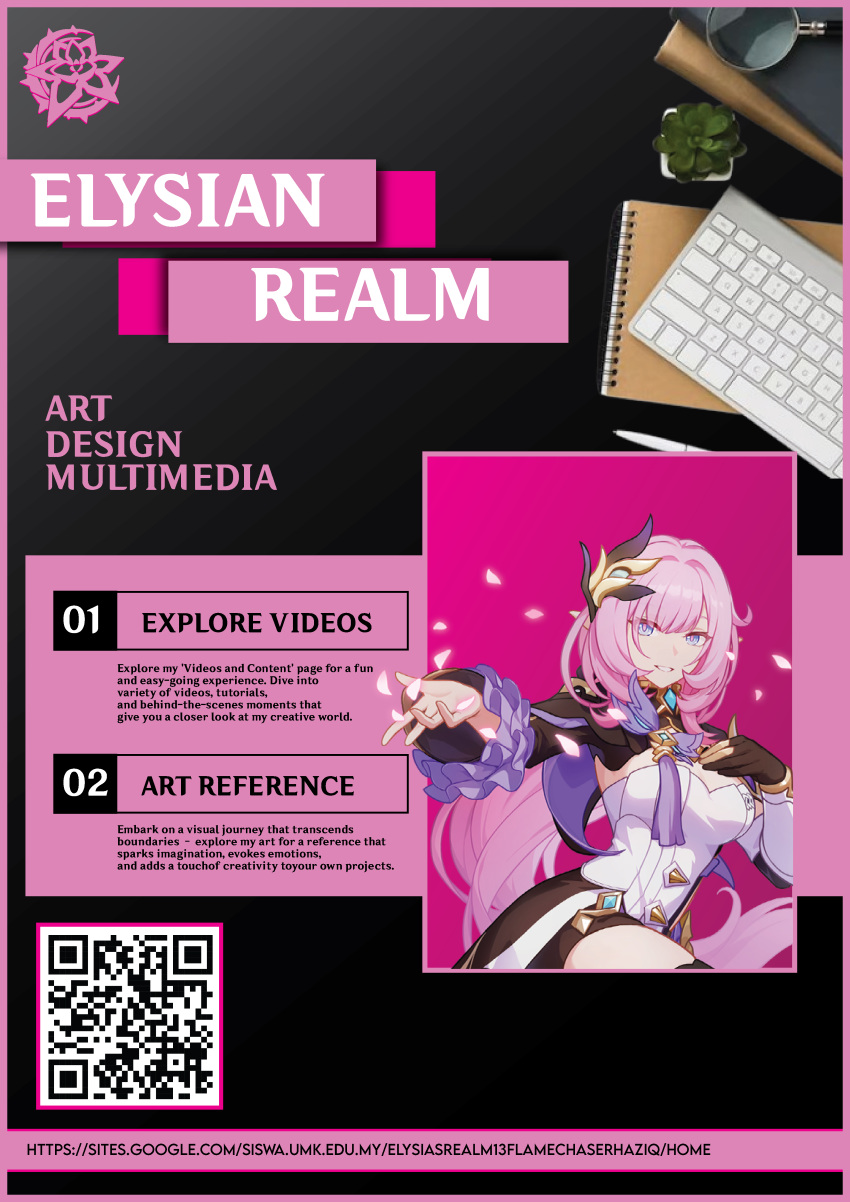 1girl absurdres black_gloves blue_eyes elf elysia_(honkai_impact) gloves highres honkai_(series) honkai_impact_3rd looking_at_viewer non-web_source partially_fingerless_gloves pink_background pink_hair pointy_ears poster_(object) single_glove smile solo web_address