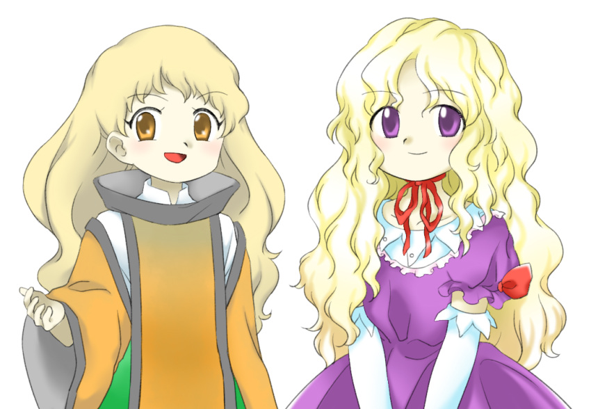 2girls :d blonde_hair closed_mouth detached_sleeves dress elbow_gloves gloves long_hair long_sleeves matara_okina multiple_girls neck_ribbon no_headwear nonamejd official_style open_mouth orange_eyes orange_sleeves orange_tabard puffy_short_sleeves puffy_sleeves purple_dress purple_eyes red_ribbon ribbon short_sleeves simple_background smile tabard touhou wavy_hair white_background white_gloves wide_sleeves yakumo_yukari zun_(style)